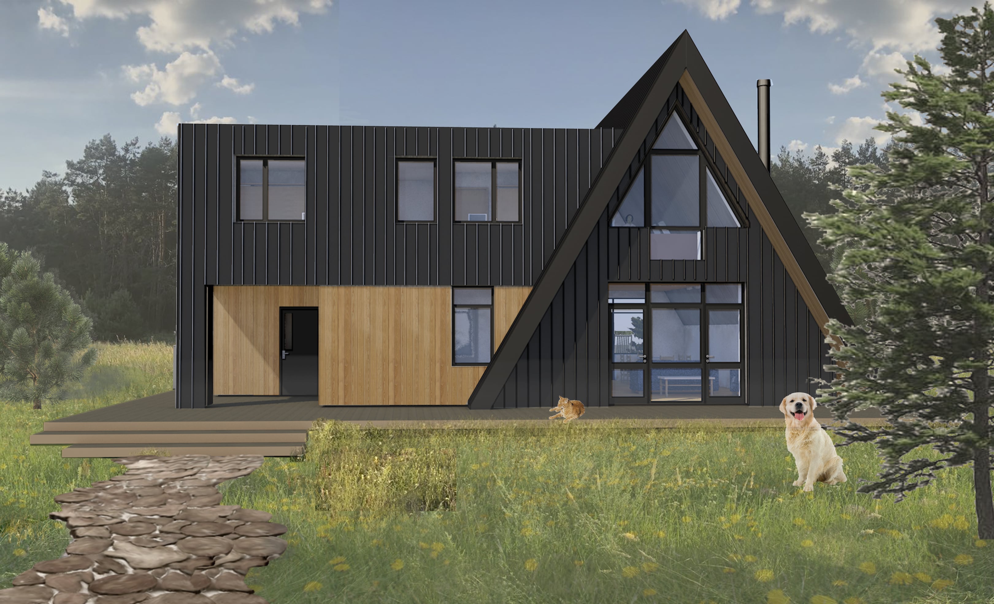 Сучасний будинок в стилі А-фрейм з видом на ліс